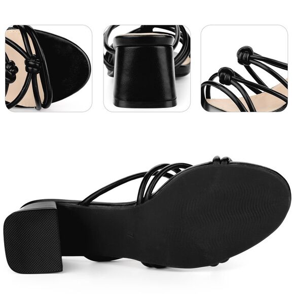 Strappy Heeled Knotted Slingback Block Heel Slide Sandals for Women, Black - Picture 3 of 5
